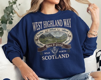 West Highland Way Heritage Sweatshirt Scotland Hiking Gift Ben Glens Mountain Valley Trail Outdoor Adventure Retro Landscape Travel Souvenir