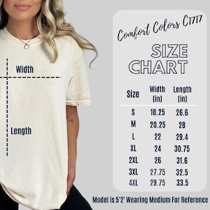K&ouml;nnte beinhalten: Gr&ouml;&szlig;entabelle f&uuml;r ein T-Shirt in den Gr&ouml;&szlig;en S bis 4XL. Die Tabelle zeigt die Breite und L&auml;nge jeder Gr&ouml;&szlig;e in Zoll. Comfort Colors C1717.