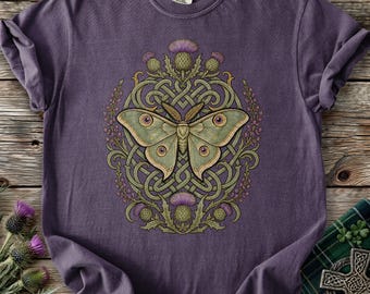 Scottish Thistles Emperor Moth Shirt Celtic Knotwork Botanical Tee Scotland Heritage Gothic Travel Gift Highland Nature Lover Vintage TShirt