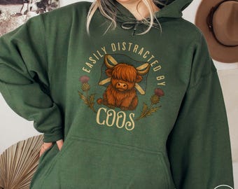 Easily Distracted by Highland Coos Hoodie Scottish Gift for Scotland Traveler Highland Cows Sweatshirt Cute Cow Clothes Highlander Sweater