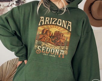 Sedona Arizona Retro Hoodie Vintage Desert Lovers Sunset Landscape Graphic Sweatshirt Southwest Trip Souvenir Traveler Sweater Cactus Gift