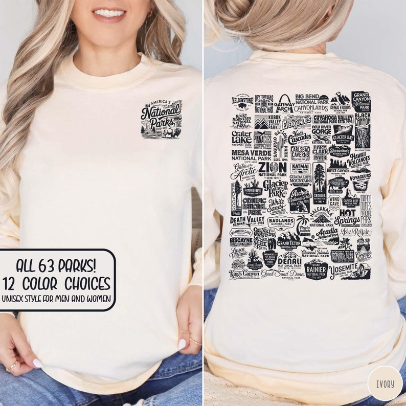 Vintage National Parks Long Sleeve Shirt 63 US National Park Lover Shirt Park Ranger Crewneck Parks Gift for Her Comfort Colors Long Sleeve Shirt Granola Girl Shirt