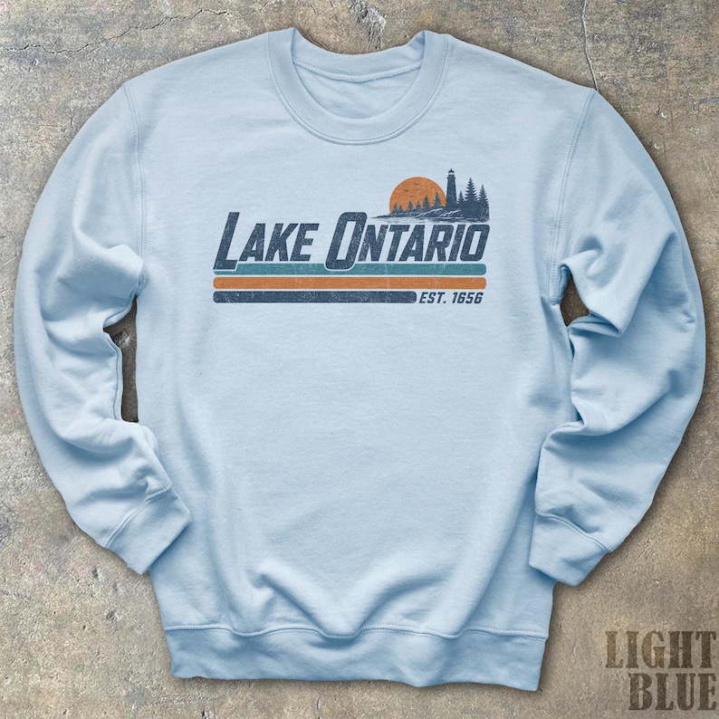 Lake Ontario Sweatshirt Great Lakes Canadian Pride Quiet Activism Retro Crewneck Canada Sovereignty Political Statement Trump Era Resistance Light Blue
