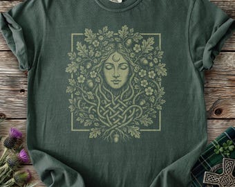 Forest Goddess Shirt Celtic Green Woman Tee Nature Spirit Pagan Botanical Irish Folklore Woodland Mother Earth Heritage Gift Vintage T-Shirt