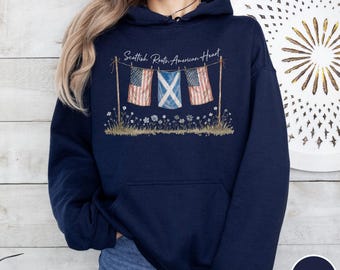 Scottish Roots American Hoodie Scotland Saltire Heritage Pullover Patriotic Cottagecore Floral USA Flag Highlands Travel St Andrews Day Gift