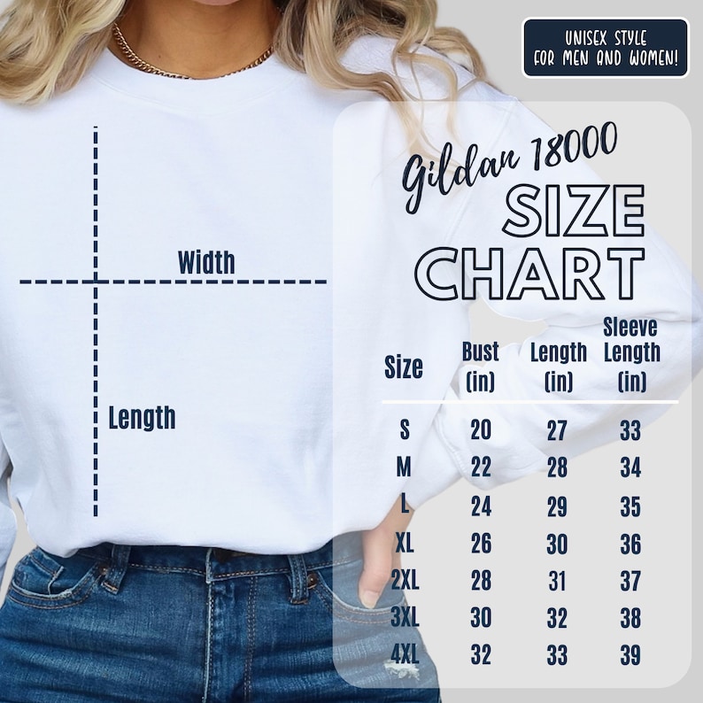 May include: Size chart for Gildan 18000 unisex shirts, showing measurements in inches for bust, length, and sleeve length for sizes S through 4XL.