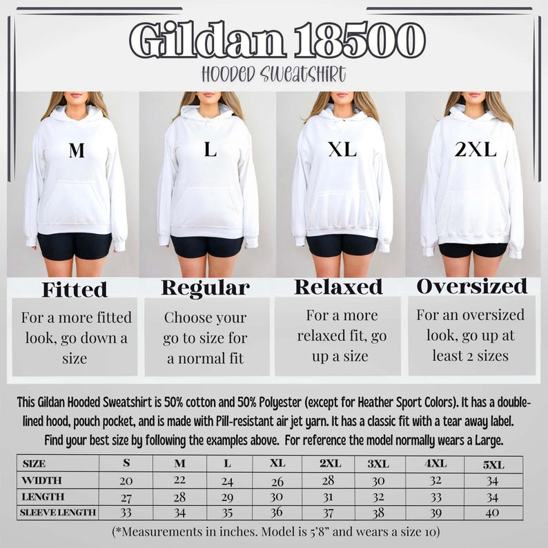 May include: Size chart for Gildan 18500 hooded sweatshirts. The chart shows the different sizes available, from S to 5XL, and the corresponding measurements in inches for width, length, and sleeve length. The chart also includes a description of the fit for each size: fitted, regular, relaxed, and oversized.