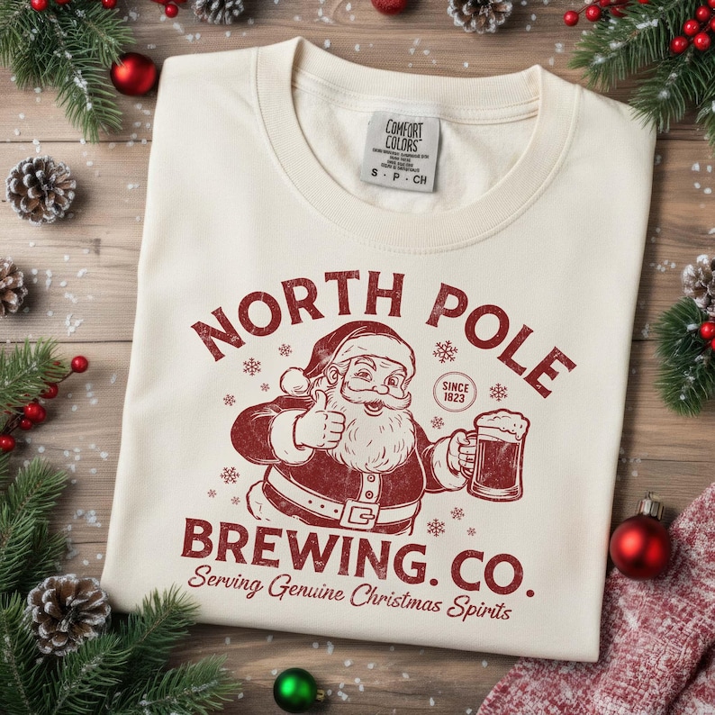 Funny North Pole Brewing Co Santa Tee Funny Winter Comfort Colors Retro Santa Shirt Christmas Spirits Gifted Xmas Xmas Beer Tee Holiday Brew