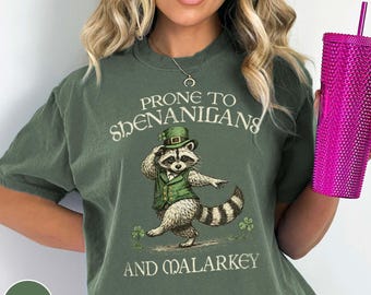 Cute Funny Raccoon Shirt St. Patrick's Day Humor Prone to Shenanigans Malarkey Vintage Leprechaun Tee Irish Pride St Paddy Party Gift Tshirt