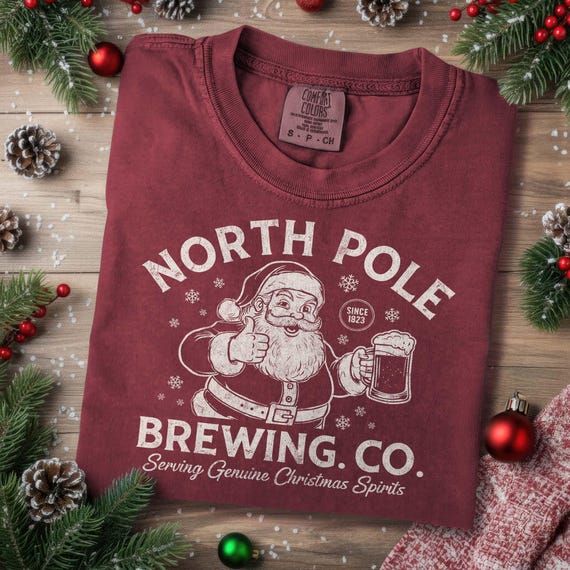 Funny North Pole Brewing Co Santa Tee Funny Winter Comfort Colors Retro Santa Shirt Christmas Spirits Gifted Xmas Xmas Beer Tee Holiday Brew