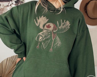 Canadian Pride Moose Hoodie Gifted For Travelers Maple Leaf Hat Wildlife Vintage Pullover Northern Animal Canada Lover Adventure Sweatshirt