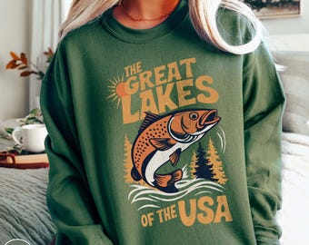 Great Lakes Sweatshirt Midwest Sweater Lake Michigan Shirt Great Lakes Crewneck Fishing Lover Shirt Gift for Fisherman Lake Shirt for Dad