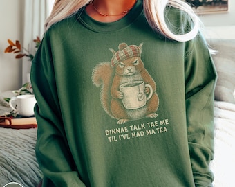 Funny Scottish Squirrel Sweatshirt Scots Slang Tea Lover Gift Scotland Humor Travel Vintage Crewneck Highland Woodland Animal Trip Sweater