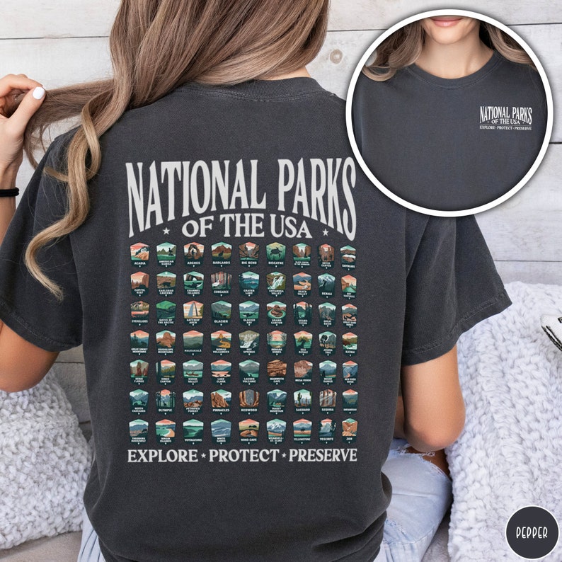 National Parks Shirt 63 National Parks Gift Comfort Colors Crewneck National Park Camping Gift for Nature Lover Mountain Hiking Shirt Park Tee Outdoor Adventure Shirt Nature Shirt Camping Shirt US National Parks Shirt Vacation Shirt Granola Girl Gift