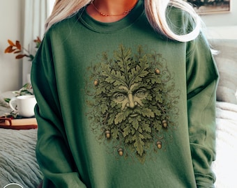 Green Man Oak Leaf Sweatshirt Celtic Folklore Irish Travel Gift Woodland Nature Heritage Souvenir Vintage Botanical Adventure Acorn Pullover