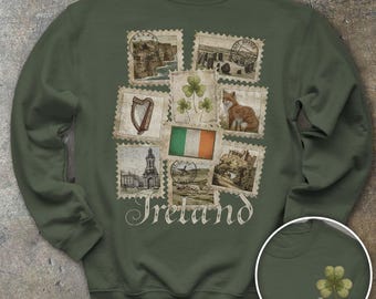 Retro Ireland Traveler Sweatshirt Lucky Shamrock Sweater Irish Pride Heritage Graphic Shirt St Patrick Days Gift Travel Souvenir Crewneck