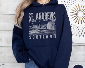 St Andrews Scotland Sketch Hoodie Scottish Travel Gifts Fife Coastal Town Souvenir Heritage Golf Adventure Destination Retro Golfer Pullover