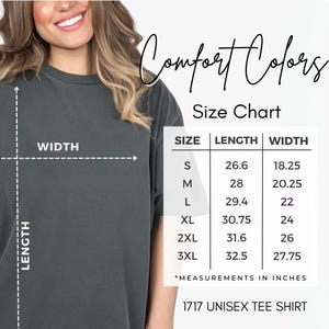 May include: Size chart for a unisex t-shirt in various sizes, showing the length and width measurements in inches. The chart includes sizes S, M, L, XL, 2XL, and 3XL.