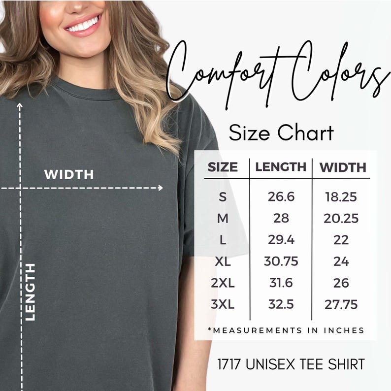 May include: Size chart for a unisex t-shirt in various sizes, showing the length and width measurements in inches. The chart includes sizes S, M, L, XL, 2XL, and 3XL.