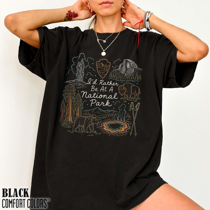 National Park Adventure Shirt Hiking Camping Nature Outdoorsy Wildlife Tee I'd Rather Be At America Parks Lovers Gift For Her Granola Girl Black
