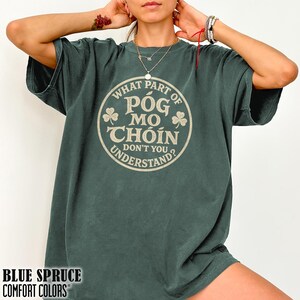 May include: A dark green short-sleeve t-shirt featuring a circular graphic with the text "WHAT PART OF PÓG MO THÓIN DON'T YOU UNDERSTAND?" and two shamrock icons. The shirt has a crew neckline and a relaxed fit, with the brand name "BLUE SPRUCE COMFORT COLORS" printed in the corner.