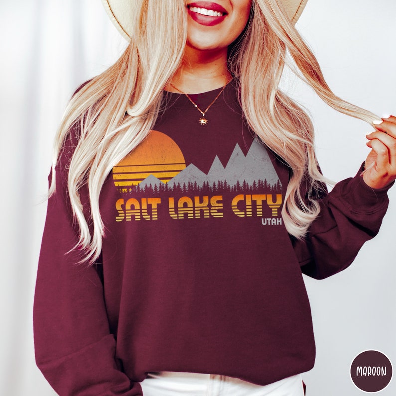 Salt Lake City Sweatshirt Utah Traveler Gift Salt Lake Gift Vintage Mountain Hiking Gift Utah Crewneck SLC Gift Ski Sweatshirt Mountain Sweater Vintage Outdoor Adventure Shirt Utah Gift Camping Gift Retro Sunset Shirt Vacation Shirt Mountaineers Gift