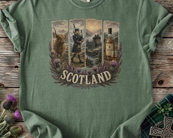 Vintage Scotland Panel Shirt Scottish Heritage Stamps Travel Gift Highlands Cow Bagpiper Castle Whisky Thistle Souvenir Nature Adventure Tee