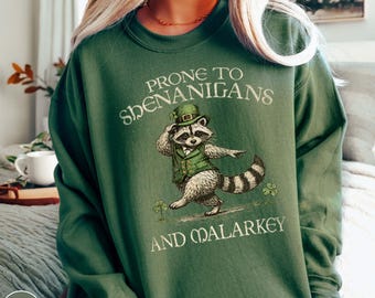 Funny Dancing Raccoon Sweatshirt St. Patrick's Day Humor Shenanigans and Malarkey Leprechaun Shamrock Days Shirt Irish Lovers Gift Crewneck