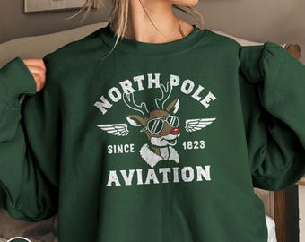 North Pole Aviation Sweatshirt Funny Pilot Xmas Gift Funny Xmas Sweater Rudolph Gift Reindeer Sweater Retro Xmas Sweater North Pole Crewneck