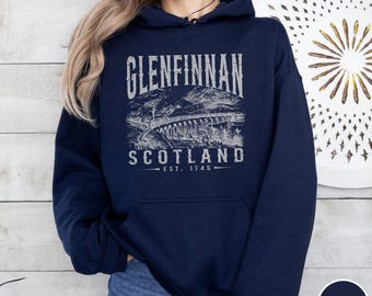 Glenfinnan Scotland Sketch Hoodie Scottish Highland Train Viaduct Travel Gift Souvenir Mountain Heritage Adventure Vacation Vintage Pullover