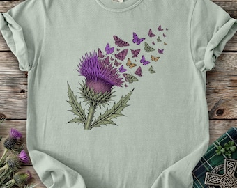 Scottish Thistles Butterfly Shirt Celtic Botanical Tee Highland Heritage Purple Floral Nature Lover Scotland Gift Vintage Cottagecore TShirt