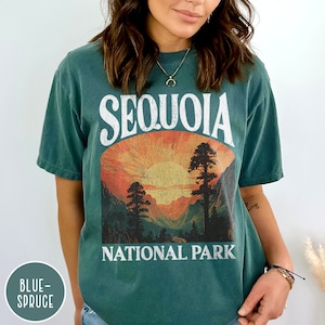 May include: A teal blue t-shirt with a vintage-style graphic of a sunset over a mountain range with the text "Sequoia National Park".