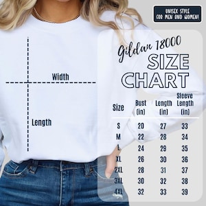 Puede incluir: Tabla de tallas de sudadera Gildan 18000 blanca. La tabla incluye medidas de busto, largo y largo de manga en pulgadas para las tallas S a 4XL. Tambi&eacute;n se ve el texto "UNISEX STYLE FOR MEN AND WOMEN!"