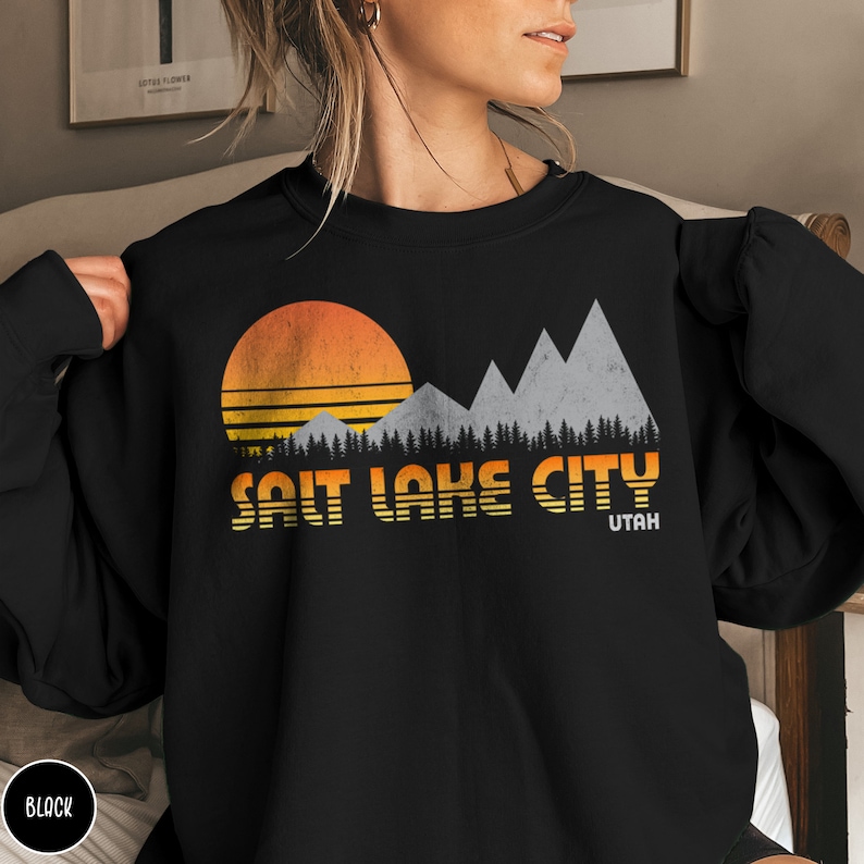Salt Lake City Sweatshirt Utah Traveler Gift Salt Lake Gift Vintage Mountain Hiking Gift Utah Crewneck SLC Gift Ski Sweatshirt Mountain Sweater Vintage Outdoor Adventure Shirt Utah Gift Camping Gift Retro Sunset Shirt Vacation Shirt Mountaineers Gift