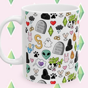 Può includere: Tazza in ceramica bianca con un motivo colorato di immagini di cartoni animati e testo. Il testo sulla tazza dice "No ladder in the pool".