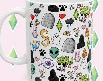 Sims Inspired Gift, Simmer Coffee Mug with Cow Plant Aliens Woohoo, Plumbob, PC Cozy Simulation, Soft Gaming Sul Sul Merch Gamer, Simlish