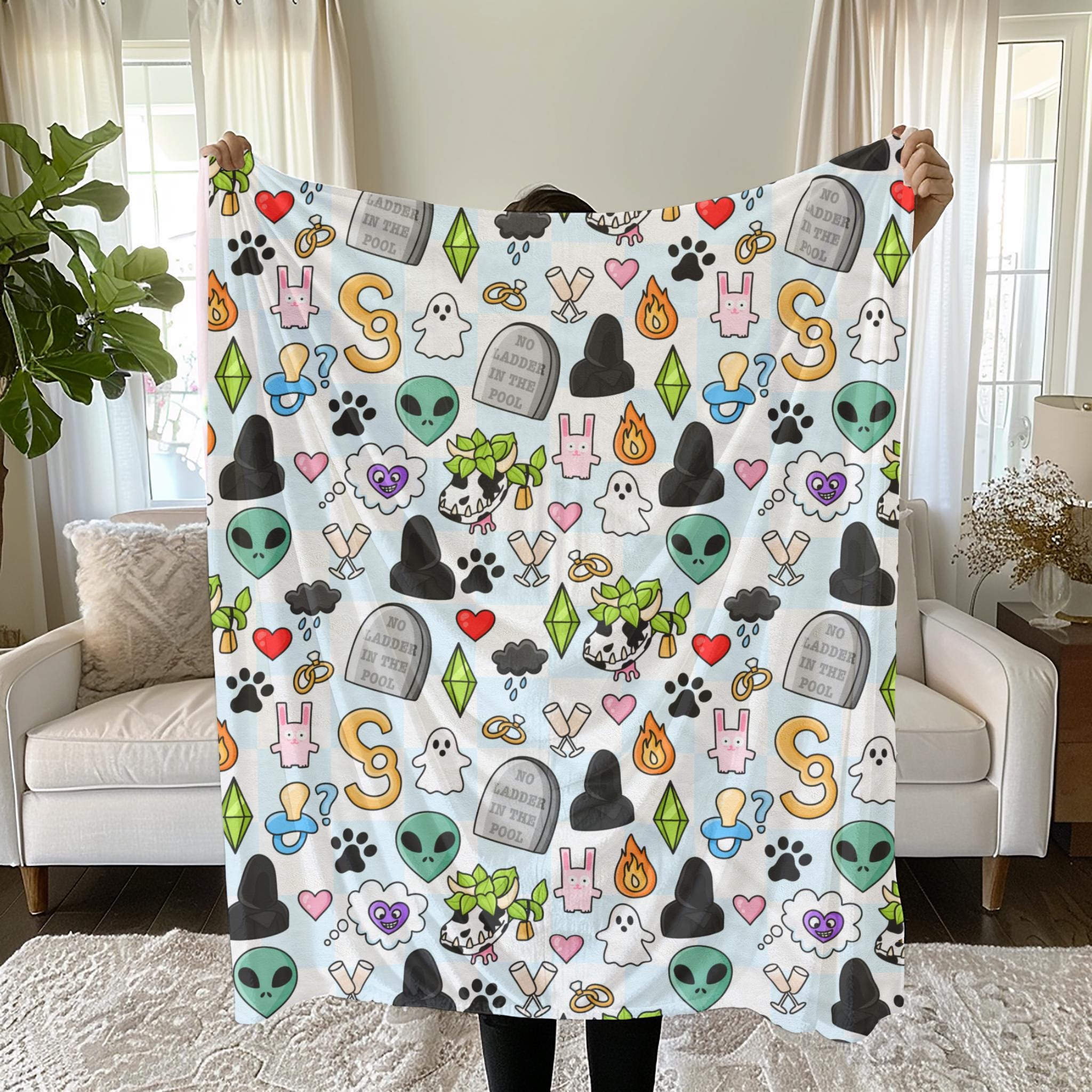 Sims Inspired Gift, Simmer Throw Blanket with Cow Plant Aliens Woohoo, Plumbob, PC Cozy Simulation, Soft Gaming Sul Sul Merch Gamer, Simlish