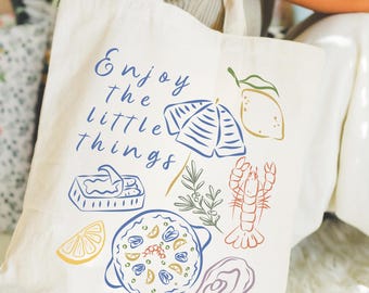 Bolso de verano "Disfruta de las pequeñas cosas", regalo literario, playa dibujada a mano, langosta, ostra, Dolce Vita, pescador, chica tomate, sardinas italianas.