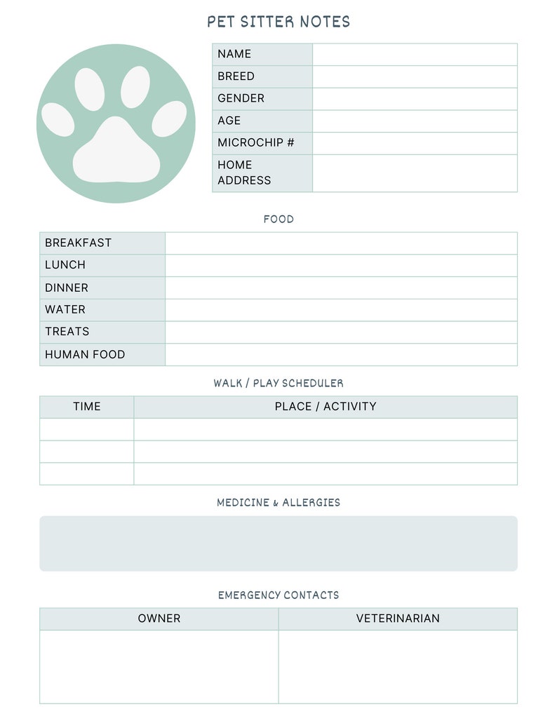 Printable Pet Care Planner Fillable Pet Planner Pet Sitter - Etsy