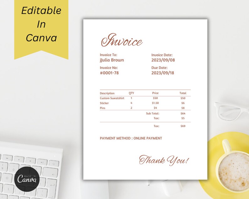 Invoice Template Editable, Small Business Custom Order Form Printable ...