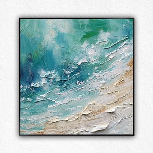 Blue and White Ocean Art Blue Beach Abstract Oil Painting White Wave Art Blue&White 3D Textured Art Blue Wall Art Modern Pastel Room Decor..