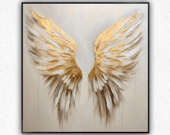 Angel Wings, 100%Handmade, White Gold Wings, Textured Modern Painting, Acrylic Abstract Oil Painting, Wall Decor Living Room Office Wall Art