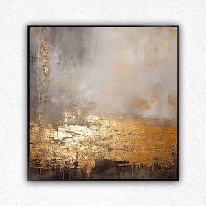 Gold Leaf Abstract Painting: Gray Textured Modern Canvas Art