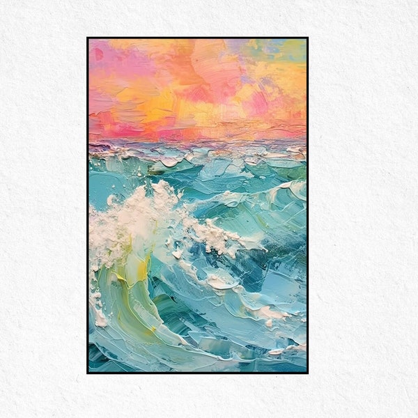 Abstract Seascape Oil Painting On Canvas, Original Blue Wave Painting, Custom Landscape Decor, Colorful Sunset Art, Living Room Wall Decor..