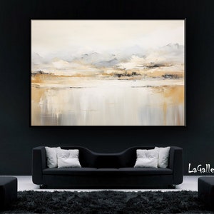 Abstract Landscape Oil Painting: Beige Mountain Lake Wall Art