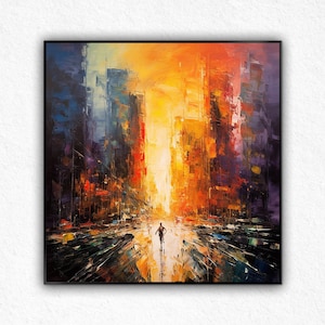 Abstract Cityscape Oil Painting: Colorful Urban Wall Art