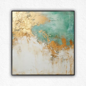 Gold Leaf Wave Painting: Green Textured Abstract Canvas Art