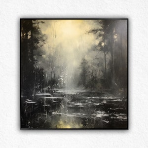 Pintura al óleo abstracta acrílica hecha a mano, pintura minimalista, bosque de álamo blanco y negro, decoración de pared, sala de estar, hogar y oficina, arte de pared.