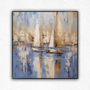 Extra Large Sailboat Abstract Painting on Canvas, Blue - Gray And Gold Sailboat Wall Art, Modern Boat Canvas Painting For Bedroom Wall Art.