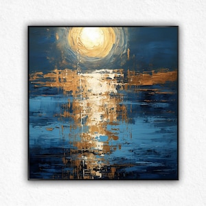 Original Handmade Large Landscape Sunset Wall Art, Long Square Canvas, Abstract Acrylic Oil Painting Ocean, Coastal Bedroom Home Wall Decor.
